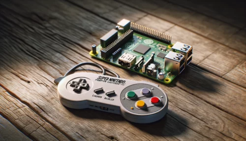 A Super Nintendo controller sits in front of a Raspberry Pi on a wooden surface.
AI Generated.