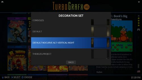 Selecting the "default nocurve alt-vertical night" bezel set for TurboGrafx-16