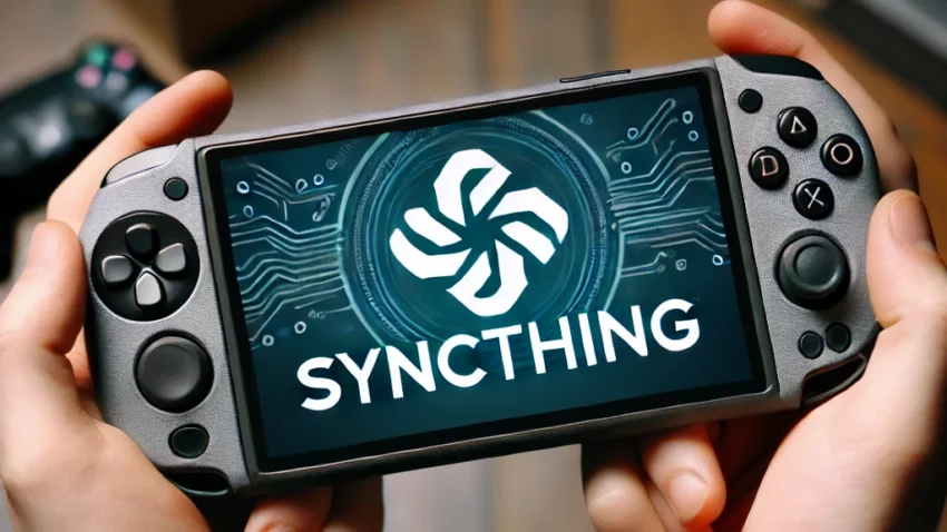 A handheld gaming device with the text "Syncthing" on its screen.